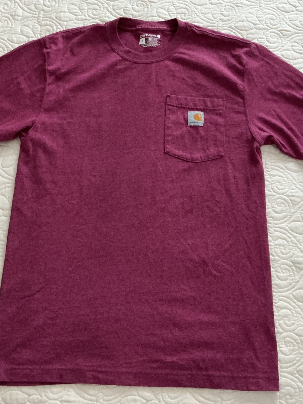 Carhartt Men's Navy Pocket T-Shirt Size S Loose Fit  Cotton Jersey Logo Burgundy